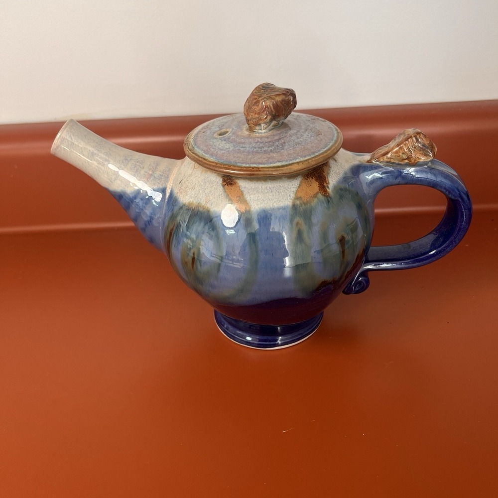 Handmade Studio Art Pottery Stoneware Teapot Blue Glaze Signed‎